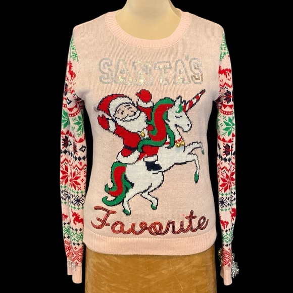 No Boundaries Santa's Favorite Sweater | Santa Riding a Unicorn | Pink and Green - Picture 1 of 9